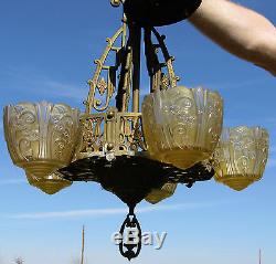 VINTAGE ART DECO SLIP SHADE CEILING LAMP LIGHT FIXTURE With5 SHADES