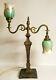Vintage Art Nouveau Double Arm Table Lamp With Pulled Feather Shades