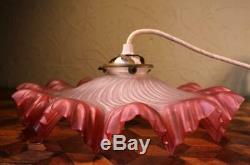 VINTAGE Deco French Rise & Fall Pendant Light Frilly Cranberry Glass Lamp Shade