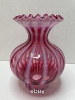 VINTAGE FENTON GLASS LAMP SHADE CRANBERRY OPALESCENT STRIPE OPTIC 3in FITTER 7H