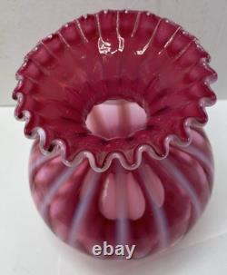 VINTAGE FENTON GLASS LAMP SHADE CRANBERRY OPALESCENT STRIPE OPTIC 3in FITTER 7H