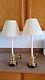 Vintage Frederick Cooper Brass Flame Candlestick Table Lamps Withshades Pair