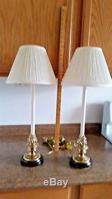 VINTAGE FREDERICK COOPER BRASS FLAME CANDLESTICK TABLE LAMPS WithSHADES PAIR