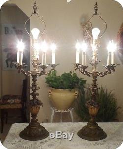 Vintage French Pair Bronze Candelabra Lamps, Vintage With Shades