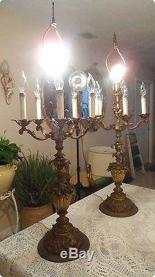 Vintage French Pair Bronze Candelabra Lamps, Vintage With Shades