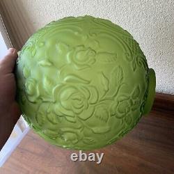 VINTAGE Green GLASS PUFFY EMBOSSED Flower ROSE 11 LAMP SHADE 4 FITTER