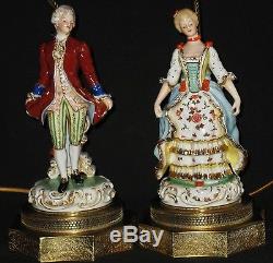 VINTAGE HP PORCELAIN COURT FIGURAL TABLE VANITY LAMPS witho SHADES ELECTRIC BRASS