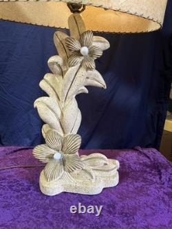 VINTAGE MCM PLASTER CHALKWARE 3-Way Lighted LAMP With Antiq 2Tier FIBERGLASS SHADE