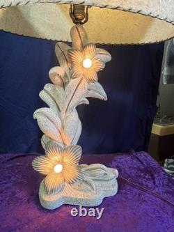 VINTAGE MCM PLASTER CHALKWARE 3-Way Lighted LAMP With Antiq 2Tier FIBERGLASS SHADE
