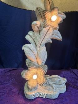 VINTAGE MCM PLASTER CHALKWARE 3-Way Lighted LAMP With Antiq 2Tier FIBERGLASS SHADE