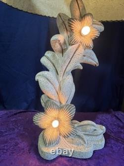 VINTAGE MCM PLASTER CHALKWARE 3-Way Lighted LAMP With Antiq 2Tier FIBERGLASS SHADE