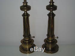 Vintage Midcentury Pair Stiffel Brass Table Lamps Hollywood Regency Silk Shades
