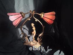Vintage Nude Art Deco Bronze Lamp Signed Slag Glass Shades Dual Light Bohemian