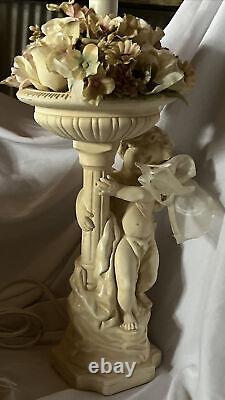 VINTAGE OFF WHITE CERAMIC CHERUB VICTORIAN LAMP SHADE WithFRINGE FLORAL SCALLOPED