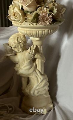 VINTAGE OFF WHITE CERAMIC CHERUB VICTORIAN LAMP SHADE WithFRINGE FLORAL SCALLOPED