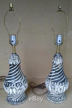 VINTAGE ORIGINAL PAIR RETRO MODERN TABLE LAMPS WithTIERED FIBERGLASS SHADES 1950'S