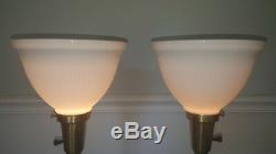 VINTAGE PAIR NEOCLASSICAL STIFFEL TORCHIERE LAMPS w white glass shade 38.5 tall
