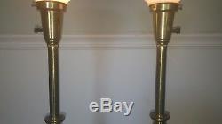 VINTAGE PAIR NEOCLASSICAL STIFFEL TORCHIERE LAMPS w white glass shade 38.5 tall