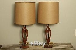 VINTAGE PAIR OF MID CENTURY TEAK WOOD & BRASS TABLE LAMPS With ORIGINAL SHADES