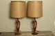 Vintage Pair Of Mid Century Teak Wood & Brass Table Lamps With Original Shades