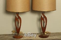 VINTAGE PAIR OF MID CENTURY TEAK WOOD & BRASS TABLE LAMPS With ORIGINAL SHADES