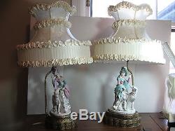 VINTAGE PAIR PORCELAIN LADY with BORZOI DOG LAMPS ROSENTHAL Ruffled Shades