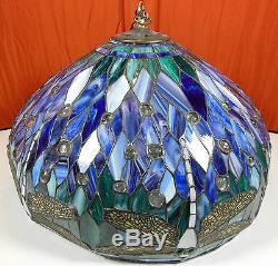 VINTAGE TIFFANY STYLE STAINED GLASS DRAGONFLY HANGING LAMP & SHADE, SHIPS FREE