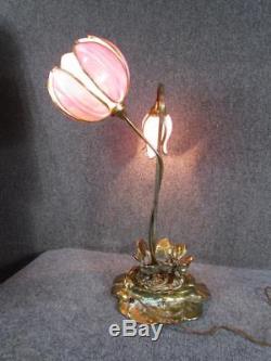VINTAGE signed HANDEL LILY PAD LAMP with LEADED PANEL SHADES, UNUSUAL DESIGN