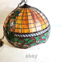 VTG 19 Tiffany Style Hanging Lamp Shade Stained Glass Lead Signed by Russ works