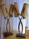 Vtg 1950's Pair Teak And Brass Lamps With Original Mid Century Modern Shades