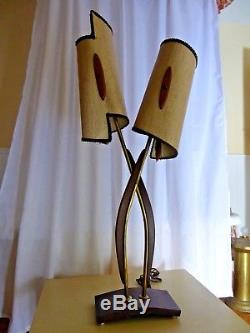 VTG 1950's Pair Teak and Brass Lamps with Original Mid Century Modern Shades