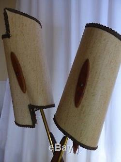 VTG 1950's Pair Teak and Brass Lamps with Original Mid Century Modern Shades