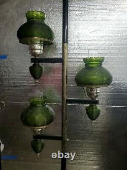 VTG 1960s TENSION POLE LAMP GREEN RIBBED GLASS SHADE HURRICANE STYLE LIGHT