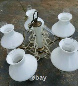 VTG 5 Light White & Brass Chandelier Milk Glass Globes LIGHT lamp shades