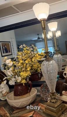 VTG 50s Hollywood Regency Crystal Brass Touchiere Table Lamp NHLC Shade 38 TALL