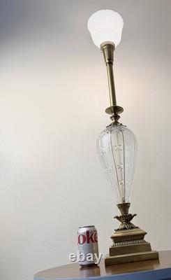 VTG 50s Hollywood Regency Crystal Brass Touchiere Table Lamp NHLC Shade 38 TALL