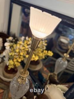 VTG 50s Hollywood Regency Crystal Brass Touchiere Table Lamp NHLC Shade 38 TALL