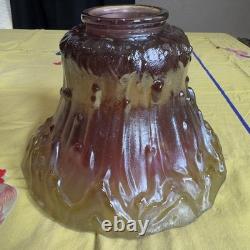 VTG 70s Cranberry Amber Carnival Glass Lamp Shade Tree Bark 3 Fitter 9.5 Wide