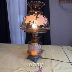 VTG 70s Plymouth Harlee Amber Glass Hurricane Lamp Frosted Rose Floral 3-Way 25