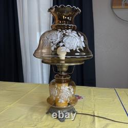 VTG 70s Plymouth Harlee Amber Glass Hurricane Lamp Frosted Rose Floral 3-Way 25