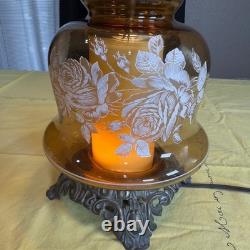 VTG 70s Plymouth Harlee Amber Glass Hurricane Lamp Frosted Rose Floral 3-Way 25