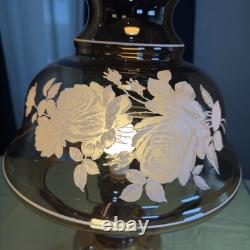 VTG 70s Plymouth Harlee Amber Glass Hurricane Lamp Frosted Rose Floral 3-Way 25