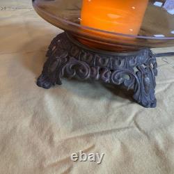 VTG 70s Plymouth Harlee Amber Glass Hurricane Lamp Frosted Rose Floral 3-Way 25