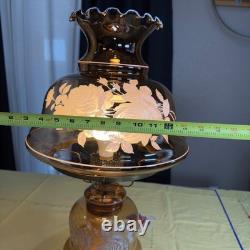 VTG 70s Plymouth Harlee Amber Glass Hurricane Lamp Frosted Rose Floral 3-Way 25