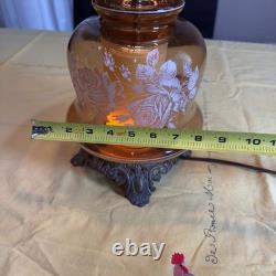 VTG 70s Plymouth Harlee Amber Glass Hurricane Lamp Frosted Rose Floral 3-Way 25
