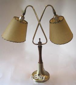 VTG ADJUSTABLE 1950sDOUBLE HAIRPIN TABLE LAMPFIBERGLASS SHADESBRASS/WOODDESK