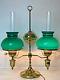 Vtg Antique Polished Brass Double Hurricane Student Lamp Green Shades 24.5 Tall