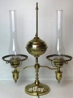 VTG Antique Polished Brass Double Hurricane Student Lamp Green Shades 24.5 Tall
