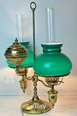 VTG Antique Polished Brass Double Hurricane Student Lamp Green Shades 24.5 Tall