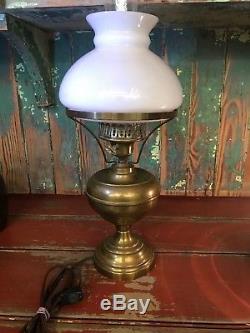 VTG Antique Polished Brass Hurricane Student Lamp White Shades 20 Tall